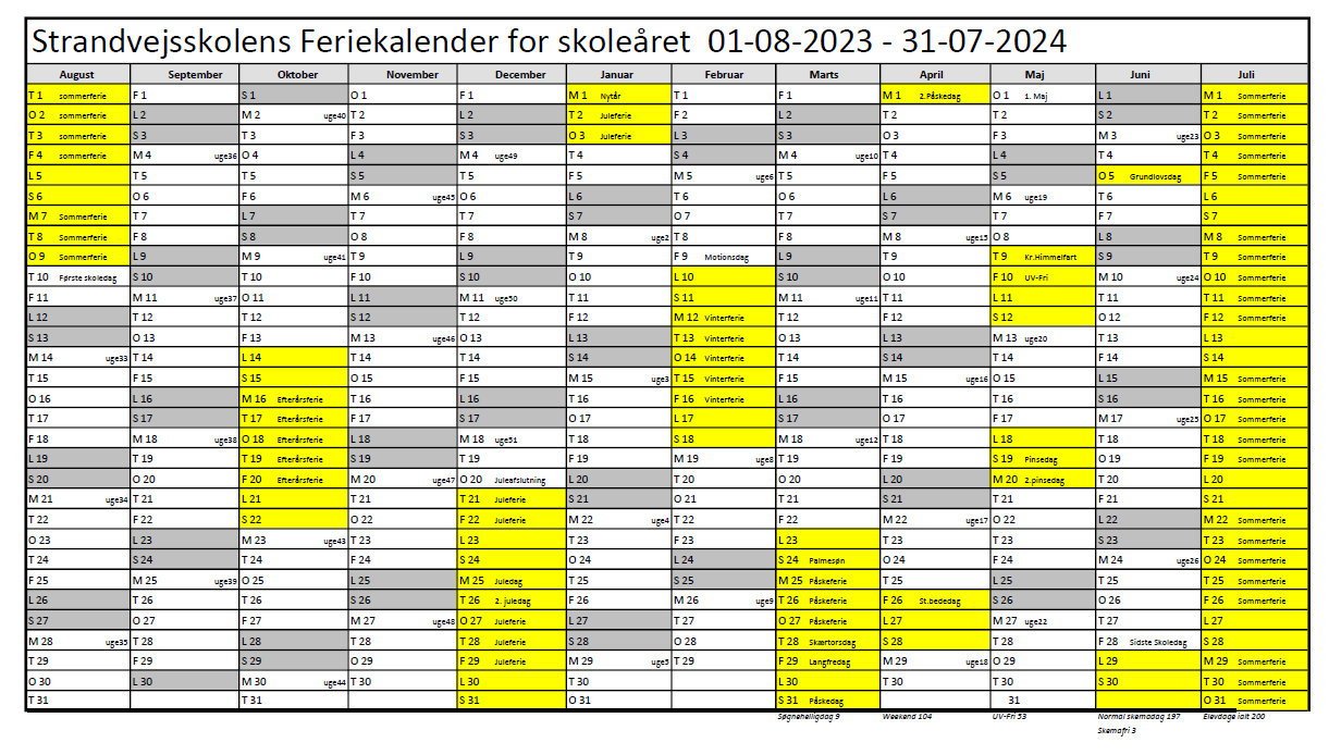 Feriekalender 2023/2024 Strandvejsskolen